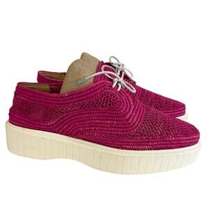 Robert Clergerie Raffia Loafers Platform Shoes Womens 38 US 7.5 Pink White Mesh